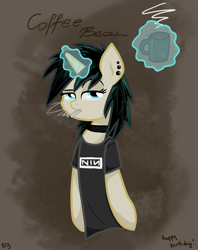 Size: 1280x1616 | Tagged: artist needed, safe, oc, oc:coffee bean, unicorn, cigarette, coffee mug, collar, ear piercing, female, glowing, glowing horn, happy birthday, horn, levitation, magic, mug, nine inch nails, piercing, signature, smoking, solo, telekinesis