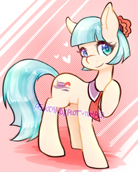 Size: 1021x1270 | Tagged: safe, artist:artisticallycapricious, coco pommel, earth pony, g4, female, raised hoof, solo, url