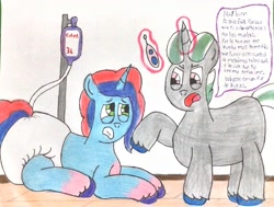 Size: 3158x2389 | Tagged: safe, artist:bitter sweetness, alphabittle blossomforth, misty brightdawn, unicorn, g5, abdl, adult foal, anal insertion, diaper, diaper fetish, duo, enema, father and child, father and daughter, female, fetish, glowing, glowing horn, horn, insertion, levitation, magic, male, non-baby in diaper, poofy diaper, spanish, spanish text, speech bubble, telekinesis, traditional art, translated in the description, vibrator under diaper, wooden floor