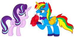 Size: 827x412 | Tagged: safe, artist:shieldwingarmorofgod, starlight glimmer, oc, oc:shield wing, alicorn, pony, g4, alicornified, bouquet of flowers, female, flower, hearts and hooves day, holiday, male, mare, race swap, simple background, stallion, starlicorn, transparent background, unshorn fetlocks, valentine's day, vector