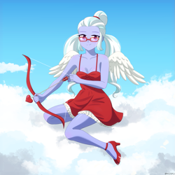 Size: 1225x1225 | Tagged: safe, artist:riouku, sugarcoat, angel, equestria girls, g4, arrow, bow (weapon), bow and arrow, clothes, cloud, cupid, cute, dress, female, glasses, high heels, holiday, shoes, sky, solo, sugarcute, valentine's day, valentine's day 2025, weapon, wings