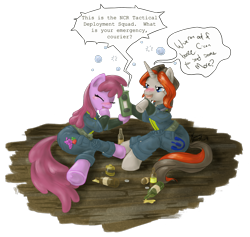 Size: 1000x947 | Tagged: artist needed, safe, berry punch, berryshine, earth pony, unicorn, fallout equestria, g4, alcohol, blushing, drink, fallout, female, horn, intoxicated, ncr, signature, simple background, speech bubble, transparent background