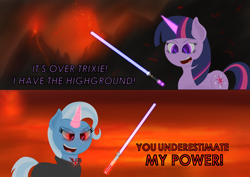 Size: 3508x2480 | Tagged: safe, artist:samenandsam, trixie, twilight sparkle, pony, unicorn, g4, magic duel, my little pony: friendship is magic, alicorn amulet, anakin skywalker, angry, clothes, coat, crossover, dialogue, duo, duo female, energy weapon, english, female, high res, horn, jedi, jewelry, lightsaber, magic, mare, meme, obi wan kenobi, open mouth, ponified meme, red eyes, star wars, teary eyes, teeth, telekinesis, unicorn twilight, vulcan, weapon