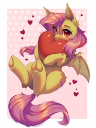 Size: 1535x2048 | Tagged: safe, artist:alphadesu, fluttershy, bat pony, pony, g4, bat ponified, cute, ear fluff, female, floating heart, flutterbat, frog (hoof), heart, heart background, hip fluff, hock fluff, hoofbutt, looking at you, mare, passepartout, race swap, shyabetes, solo, spread wings, underhoof, wings, ych example, your character here