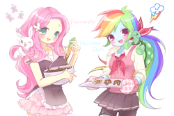 Size: 2301x1541 | Tagged: safe, artist:miffy, angel bunny, fluttershy, rainbow dash, tank, human, rabbit, tortoise, equestria girls, g4, animal, apron, blushing, carrot, chocolate, clothes, cookie, duo, female, food, humanized, open mouth, open smile, oven mitts, simple background, skirt, smiling, tray, white background