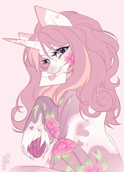 Size: 3100x4300 | Tagged: safe, artist:miurimau, oc, oc only, pegasus, pony, blushing, coat markings, commission, female, high res, letter, looking at you, looking back, looking back at you, love letter, mare, mouth hold, pink background, simple background, solo, underhoof, unshorn fetlocks