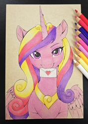 Size: 2206x3120 | Tagged: safe, artist:sierraex, princess cadance, alicorn, pony, g4, colored pencil drawing, colored pencils, holiday, letter, love letter, traditional art, valentine's day, valentine's day 2025