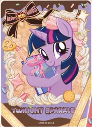 Size: 512x709 | Tagged: safe, biscuit, twilight sparkle, pony, unicorn, g4, official, bow, candy, card, chocolate, diary, food, hair bow, hearts and hooves day, holiday, horn, kayou, looking at you, merchandise, pen, smiling, smiling at you, solo, stars, text, unicorn twilight, valentine's day