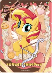 Size: 509x712 | Tagged: safe, biscuit, sunset shimmer, pony, unicorn, g4, official, arrow, bow, candy, card, chocolate, food, heart, hearts and hooves day, holiday, horn, kayou, looking at you, merchandise, smiling, smiling at you, solo, stars, text, valentine's day, wings