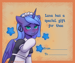 Size: 1800x1500 | Tagged: safe, artist:moewwur, artist:rin-mandarin, part of a set, princess luna, alicorn, pony, g4, blushing, clothes, holiday, horn, looking at you, maid, maid headdress, postcard, princess, shy, socks, solo, stars, stockings, text, thigh highs, valentine, valentine's day, white stockings, wings