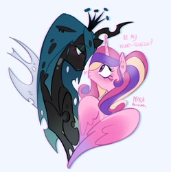 Size: 1772x1779 | Tagged: safe, artist:peachmichea, princess cadance, queen chrysalis, alicorn, changeling, changeling queen, pony, bust, duo, duo female, female, heart shaped, holiday, infidelity, lesbian, looking at each other, looking at someone, looking into each others eyes, mare, ship:cadalis, shipping, signature, simple background, valentine's day, white background