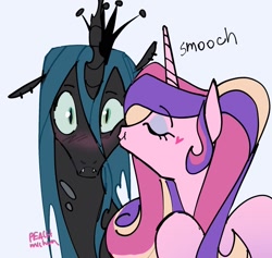 Size: 1715x1627 | Tagged: safe, artist:peachmichea, princess cadance, queen chrysalis, alicorn, changeling, changeling queen, pony, blush lines, blushing, bust, cheek kiss, duo, duo female, eyebrows, eyebrows visible through hair, eyes closed, female, heart, infidelity, kissing, lesbian, mare, onomatopoeia, ship:cadalis, shipping, signature, simple background, smiling, white background