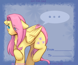 Size: 1800x1500 | Tagged: safe, artist:moewwur, artist:rin-mandarin, part of a set, fluttershy, pegasus, pony, g4, blue eyes, floppy ears, folded wings, full body, holiday, long mane, looking at you, pink mane, postcard, raised leg, shy, solo, speech bubble, valentine, valentine's day, wings