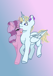 Size: 884x1260 | Tagged: safe, artist:the skylar, oc, oc only, oc:nova starfield, oc:the skylar, alicorn, unicorn, alicorn oc, base used, duo, female, gradient background, hearing aid, horn, male, unicorn oc, wings