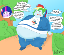 Size: 1600x1384 | Tagged: safe, artist:leyers, rainbow dash, twilight sparkle, human, equestria girls, g4, bbw, belly, big belly, duo, duo female, fat, female, huge belly, morbidly obese, obese, rainblob dash, speech bubble, ssbbw