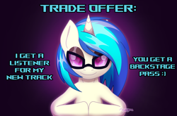 Size: 3480x2303 | Tagged: safe, artist:acidigon, dj pon-3, vinyl scratch, pony, unicorn, g4, female, glasses, hooves together, horn, looking at you, mare, meme, simple background, smiling, smirk, solo, text, trade offer