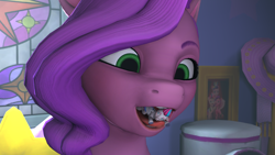 Size: 3840x2160 | Tagged: safe, artist:~stuffguy123, pipp petals, zipp storm, pegasus, g5, 3d, bedroom, open mouth, picture, picture frame, shrunk, size difference, source filmmaker, unwilling prey, vore