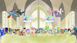 Size: 2880x1620 | Tagged: safe, artist:arkain123, artist:bilivrayka, derpy hooves, lyra heartstrings, queen chrysalis, sea swirl, seafoam, oc, oc:blueberry star, oc:dolores, oc:faith ray, oc:flutter glitch, oc:hearty, oc:marigold blossom, oc:notlexa, oc:silver blade, oc:spiros, oc:tiskanomicon, unnamed oc, bat pony, earth pony, kirin, lamia, original species, pegasus, pony, snake, spider, unicorn, g4, alcohol, bandana, bat ears, beard, bow, bubble, burger, card, choker, cider, clothes, complex background, door, drink, drinking, drunk, drunk bubbles, emanata, eyepatch, facial hair, fangs, food, forked tongue, glasses, guitar, hair bow, hat, hay burger, headphones, hoodie, horn, jewelry, kirin oc, meme, muffin, musical instrument, pillar, pumpkin, sitting, sitting lyra, snake tail, tail, the last supper, tiara, top hat, window, wings