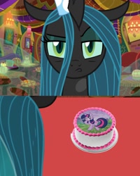 Size: 1080x1350 | Tagged: safe, artist:gaelgaming1, queen chrysalis, twilight sparkle, changeling, changeling queen, unicorn, g4, my little pony: friendship is magic, amused, birthday cake, cake, eyebrows, female, food, hat, looking at each other, looking at someone, party hat, queen chrysalis is not amused, raised eyebrow, restaurant, table, unamused, unicorn twilight