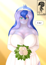 Size: 1414x2000 | Tagged: safe, artist:wolfjarl, princess luna, vice principal luna, human, equestria girls, g4, big breasts, blushing, bouquet, bouquet of flowers, breasts, busty princess luna, cleavage, clothes, dress, flower, lidded eyes, looking at you, speech bubble, talking to viewer, veil, wedding bouquet, wedding dress, wedding veil