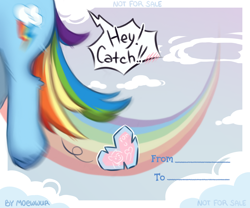 Size: 1800x1500 | Tagged: safe, artist:moewwur, artist:rin-mandarin, part of a set, rainbow dash, pegasus, pony, g4, cloud, cutie mark, female, flying, holiday, leg fluff, mare, multicolored hair, postcard, rainbow, rainbow hair, solo, speech bubble, tail, valentine, valentine's day, valentine's day card