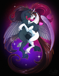 Size: 1248x1600 | Tagged: safe, artist:sunny way, oc, oc:steven saidon, oc:sunny way, pegasus, pony, unicorn, g4, my little pony: friendship is magic, art, artwork, digital art, feather, female, feral, holiday, hooves, horn, hug, in love, love, male, mare, my little pony, smiling, space, stallion, stars, valentine's day, wings