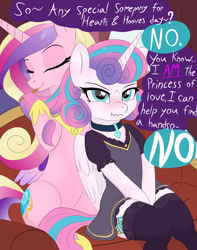 Size: 3000x3800 | Tagged: safe, artist:local sugar provider, derpibooru exclusive, princess cadance, princess flurry heart, alicorn, pony, g4, annoyed, blushing, clothes, collar, couch, curtains, cute, dress, duo, duo female, eyes closed, female, flurry heart is not amused, flustered, frown, hair dressing, hearts and hooves day, holding mane, hoof shoes, hooves between legs, horn, indoors, jewelry, mare, mother and child, mother and daughter, mouth hold, necklace, scrunchy face, sitting, socks, speech bubble, stockings, tail, teasing, text, thigh highs, unamused, wings