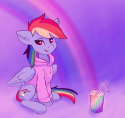 Size: 2289x2160 | Tagged: safe, artist:replacer808, rainbow dash, pegasus, pony, g4, clothes, cute, cute little fangs, drink, fangs, female, glass, high res, hoodie, mare, sitting, solo, straw, taste the rainbow