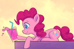 Size: 3840x2560 | Tagged: safe, artist:replacer808, pinkie pie, earth pony, pony, g4, behaving like a cat, female, glass, high res, juice, lemonade, lying down, mare, prone, pure unfiltered evil, pushing, solo, spill, straw, table, wavy mouth, yellow sky