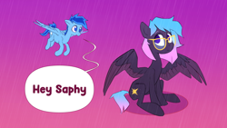 Size: 3840x2160 | Tagged: safe, artist:replacer808, oc, oc only, oc:happy dream, oc:star sapphire, pegasus, pony, colored wings, duo, female, flying, frown, glasses, gradient background, high res, male, mare, partially open wings, rain, sitting, skinny, speech bubble, spread wings, stallion, thin, two toned wings, wings