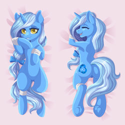 Size: 4000x4000 | Tagged: safe, artist:sharkita, oc, oc only, oc:glacandra, pony, unicorn, armband, back, bedroom eyes, belly, body pillow, bow, butt, eyes closed, featureless crotch, female, freckles, frog (hoof), hair bow, hoofbutt, horn, human shoulders, looking at you, lying down, mare, not trixie, plot, solo, underhoof, unicorn oc, yellow eyes