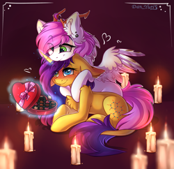 Size: 3017x2921 | Tagged: safe, artist:yuris, oc, oc only, oc:daemon, oc:kitori, pegasus, pony, unicorn, art trade, blushing, box, candle, chocolate, chocolates, ears back, ears up, female, food, holiday, horn, hug, lesbian, lgbt, lies, magic, piercing, shipping, simple background, smiling, telekinesis, valentine, valentine's day