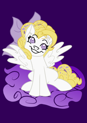 Size: 1000x1414 | Tagged: safe, artist:yourmcboy, surprise, pegasus, g1, g4, bow, cloud, confetti in mane, ear fluff, g1 to g4, generation leap, hair bow, on a cloud, purple background, simple background, sitting, sitting on a cloud, solo, spread wings, sprinkles in mane, wings