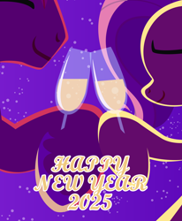 Size: 2600x3150 | Tagged: safe, anonymous artist, big macintosh, fluttershy, earth pony, pegasus, pony, series:fm holidays, g4, champagne glass, cider, close-up, duo, duo male and female, female, happy new year, happy new year 2025, high res, holiday, hoof hold, lidded eyes, lineless, looking at each other, looking at someone, male, mare, new year, no eyes, ship:fluttermac, shipping, smiling, smiling at each other, stallion, starry night, straight, text, toasting