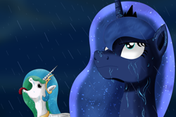 Size: 1500x1000 | Tagged: safe, artist:krinkelwinkel, princess celestia, princess luna, g4, cloud, cloudy, funny, rain