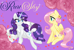 Size: 3237x2175 | Tagged: safe, artist:lostsheep, fluttershy, rarity, pegasus, pony, unicorn, g4, blushing, female, flower, folded wings, horn, lesbian, looking at each other, looking at someone, petals, pillow, rose, ship:flarity, shipping, sparkles, wings