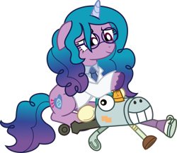 Size: 2051x1783 | Tagged: safe, artist:sketchmcreations, izzy moonbow, señor butterscotch, g4, g5, my little pony: a new generation, broken horn, clothes, floppy ears, g5 to g4, generation leap, glasses, half-life, half-life 2, horn, isaac kleiner, izzy's crafting glasses, lab coat, namesake, necktie, petting, pun, scientist, simple background, sitting, smiling, this will end in tears, transparent background, vector, visual pun