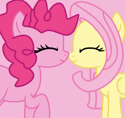 Size: 1200x1138 | Tagged: safe, artist:jadeharmony, fluttershy, pinkie pie, earth pony, pegasus, pony, g4, ^^, base used, cute, daaaaaaaaaaaw, diapinkes, duo, eyes closed, female, lesbian, looking at each other, looking at someone, mare, nuzzling, pink background, ship:flutterpie, shipping, shyabetes, simple background, smiling, smiling at each other, wholesome