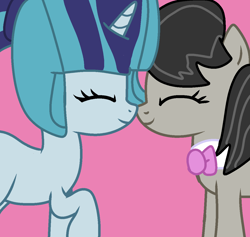 Size: 1200x1138 | Tagged: safe, artist:jadeharmony, octavia melody, sonata dusk, earth pony, pony, unicorn, g4, ^^, base used, cute, daaaaaaaaaaaw, duo, eyes closed, female, horn, lesbian, looking at each other, looking at someone, mare, nuzzling, octavia's bowtie, pink background, ponified, ship:sontavia, shipping, simple background, smiling, smiling at each other, sonatabetes, tavibetes, unicorn sonata dusk, wholesome