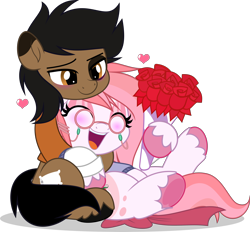 Size: 5116x4742 | Tagged: safe, artist:jhayarr23, oc, oc:snore, oc:strawberry tart, earth pony, bouquet of flowers, commission, earth pony oc, flower, gift art, hearts and hooves day, holiday, hug, hug from behind, simple background, transparent background, valentine's day, your character here