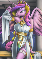 Size: 2171x3070 | Tagged: safe, artist:mysticalpha, princess cadance, alicorn, anthro, g4, bracelet, breasts, busty princess cadance, clothes, detached sleeves, ear piercing, earring, female, garter, high res, jewelry, lidded eyes, mare, piercing, solo, spread wings, toga, wings