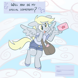 Size: 2000x2000 | Tagged: safe, artist:antbandddd, derpy hooves, pegasus, anthro, unguligrade anthro, g4, bag, cloud, cute, derpabetes, female, flying, hearts and hooves day, high res, holiday, letter, love letter, mailbag, mailmare, mare, open mouth, open smile, smiling, solo, spread wings, unshorn fetlocks, valentine's day, wings