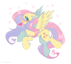 Size: 1764x1585 | Tagged: safe, artist:belkaart0w0, fluttershy, pegasus, pony, g4, blushing, card, chest fluff, cute, ear fluff, female, heart, heart eyes, holiday, mare, mouth hold, shyabetes, simple background, solo, valentine, valentine's day, white background, wingding eyes