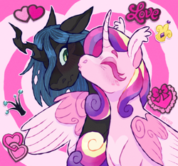 Size: 1034x968 | Tagged: safe, artist:beyhr, princess cadance, queen chrysalis, alicorn, changeling, pony, g4, blushing, cheek kiss, duo, duo female, ear tufts, female, hearts and hooves day, horn, hug, infidelity, kissing, lesbian, ship:cadalis, shipping, winghug, wings