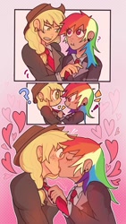 Size: 720x1280 | Tagged: safe, artist:ssuminv, applejack, rainbow dash, human, g4, blazer, blushing, clothes, cute, dashabetes, duo, duo female, ear piercing, earring, exclamation point, eyes closed, female, flustered, freckles, french kiss, heart, holiday, humanized, jackabetes, jewelry, kissing, lesbian, nail polish, necktie, open mouth, parent:applejack, piercing, question mark, ship:appledash, shipping, shirt, valentine's day