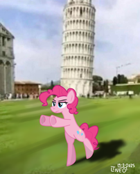 Size: 1080x1339 | Tagged: safe, artist:neowemu, pinkie pie, earth pony, pony, g4, female, leaning tower of pisa, mare, meme, ponified meme, real life background, sky, solo