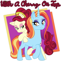 Size: 1920x1920 | Tagged: safe, artist:_butterscotch, cherry jubilee, sassy saddles, earth pony, pony, unicorn, g4, cover art, crossed hooves, duo, eyeshadow, female, hearts and hooves day, horn, lesbian, lidded eyes, makeup, mare, passepartout, ship:cherrypins, shipping