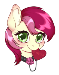 Size: 1747x2212 | Tagged: safe, artist:taytinabelle, roseluck, earth pony, pony, g4, bust, collar, cute, cutie mark accessory, ear fluff, female, flower, happy, heart, hearts and hooves day, holiday, looking at you, mare, mouth hold, rose, simple background, smiling, solo, valentine's day, white background