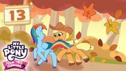 Size: 1281x720 | Tagged: safe, artist:prixy05, applejack, rainbow dash, earth pony, pegasus, pony, my little pony: form your friendship, fall weather friends, g4, g5, my little pony: friendship is magic, my little pony: tell your tale, applejack's hat, autumn leaves, cowboy hat, duo, duo female, female, g4 to g5, generation leap, hat, leaves, mare, outdoors, running of the leaves, thumbnail