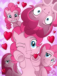 Size: 1200x1600 | Tagged: safe, artist:plumpony, pinkie pie, earth pony, pony, g4, blowing a kiss, grin, heart, heartbreak, holiday, kissing, looking at you, multeity, one eye closed, pinkamena diane pie, smiling, too much pink energy is dangerous, tsundere, underhoof, valentine's day, valentine's day 2025